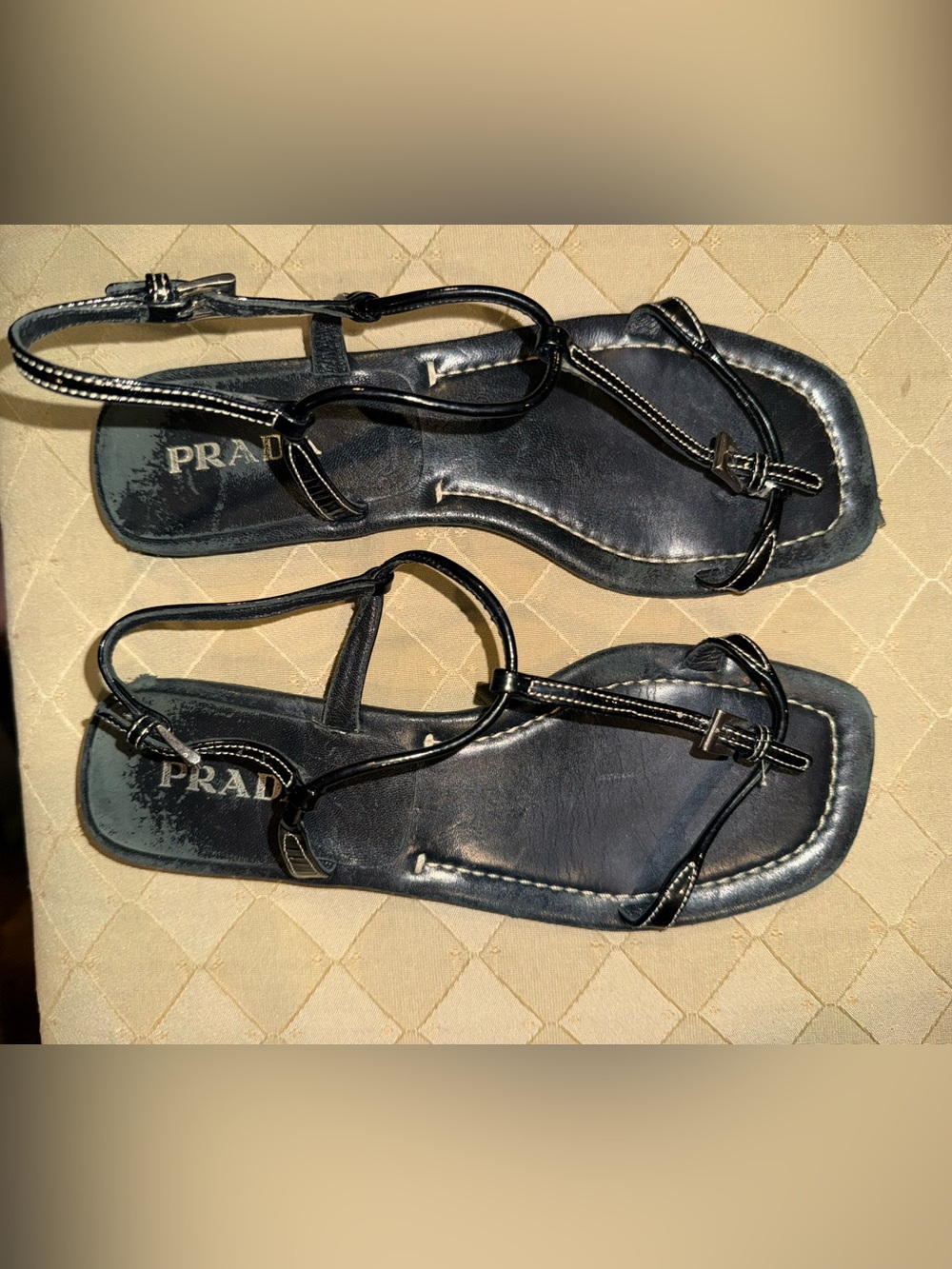 Prada Black Leather Strappy Flat Sandals